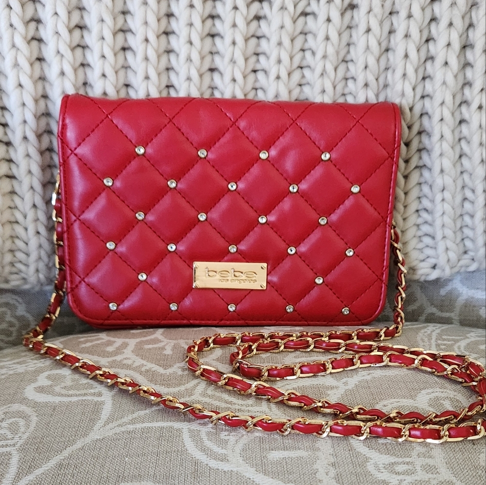 Bebe Crossbody Red Poppy Clutch Purse Vegan Faux Leather Gold Tone Accents
